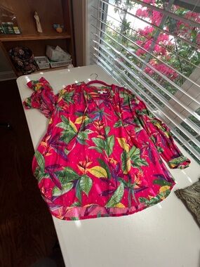 Chico's Hot Pink Tropical Print Button-Front Top with Green & Yellow size 14
